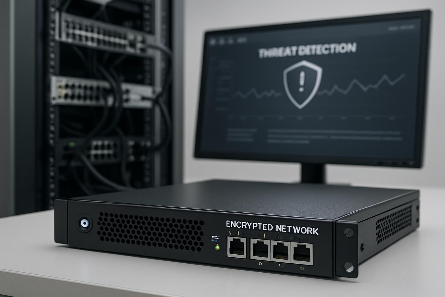 A network device with a shield icon on the monitor saying "threat detection".