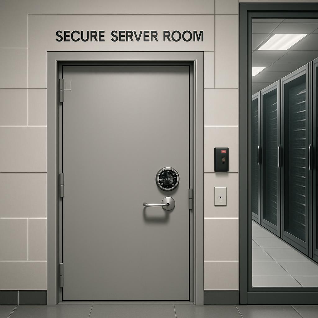 A secure server room door with a gray metal door and a round combination lock, featuring a gray frame and a "SECURE SERVER...